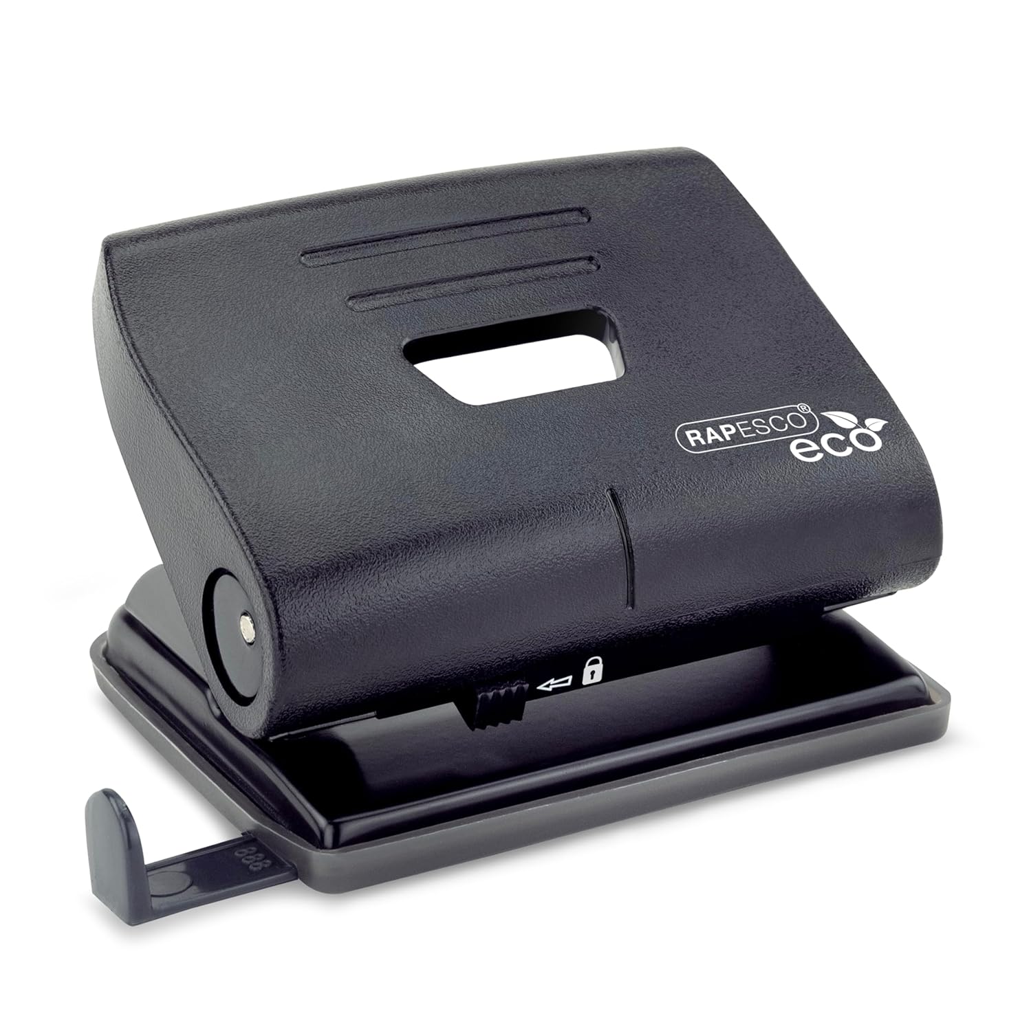 Black Rapesco Eco Medium 2-hole punch for up to 22 sheets, durable plastic handle, ideal for office or home use.