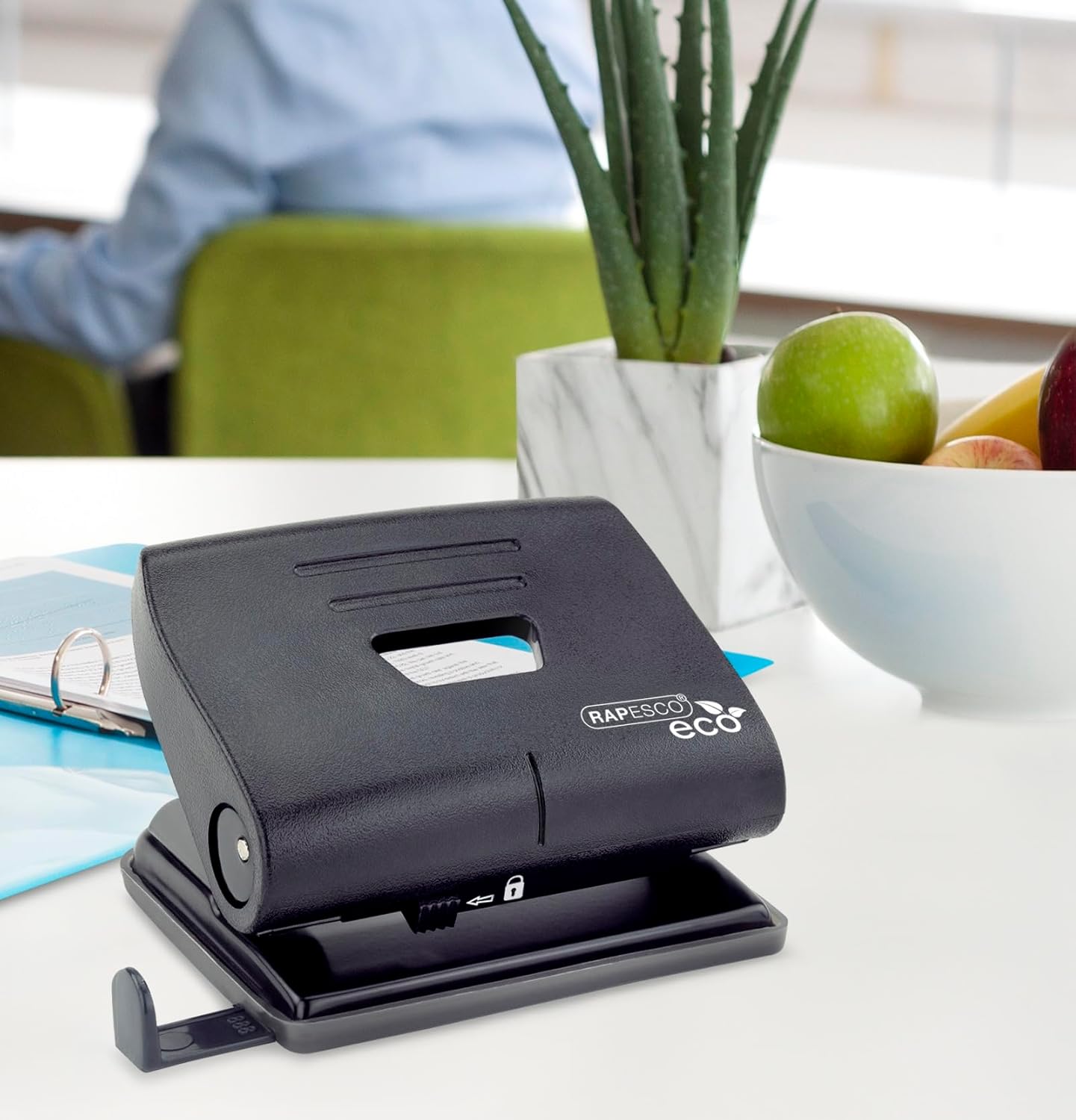 Black Rapesco Eco Medium 2-hole puncher for up to 22 sheets, designed for easy paper punching and eco-friendly use.