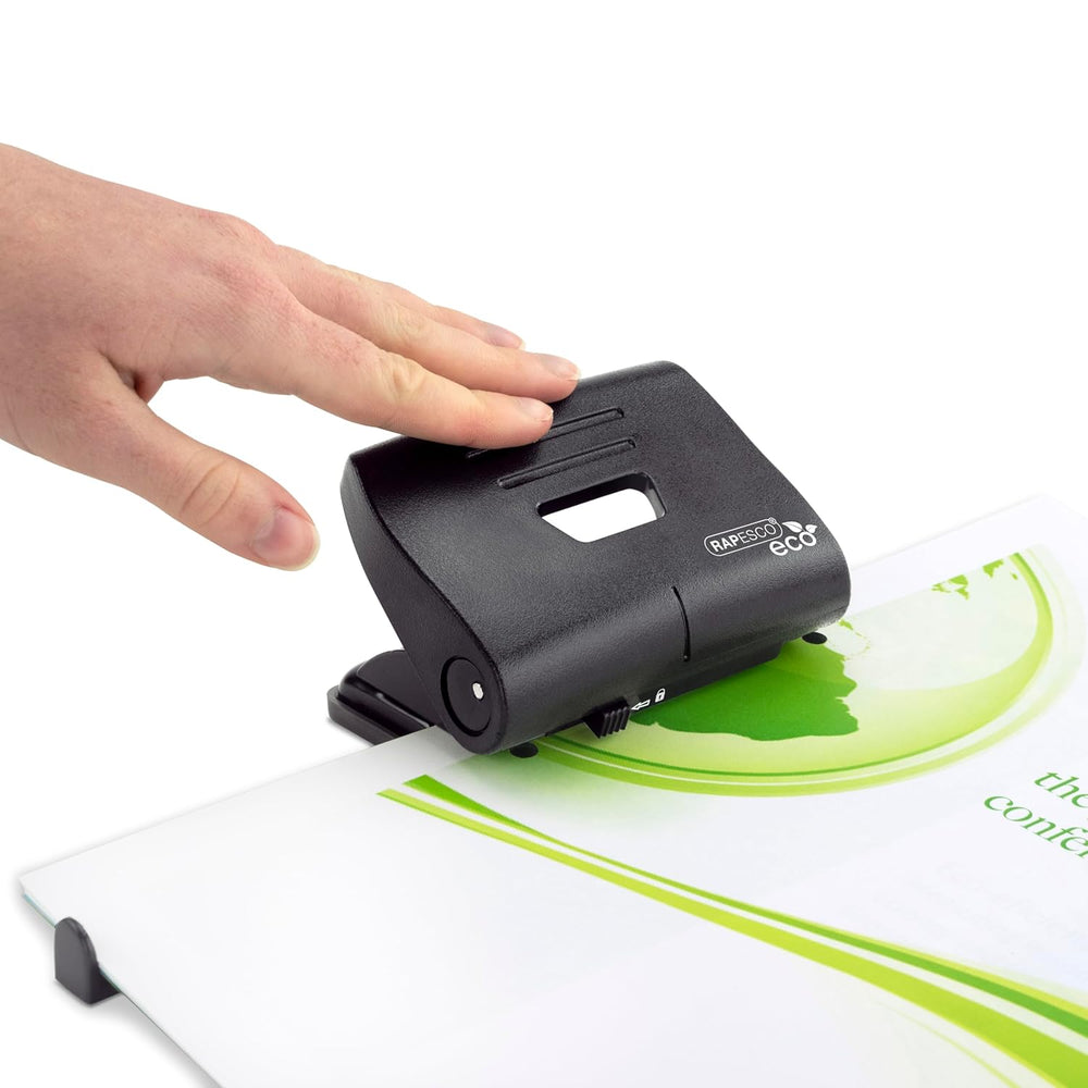 Rapesco Eco Medium 2-hole punch in black, designed for punching up to 22 sheets of paper, ideal for office or home use.