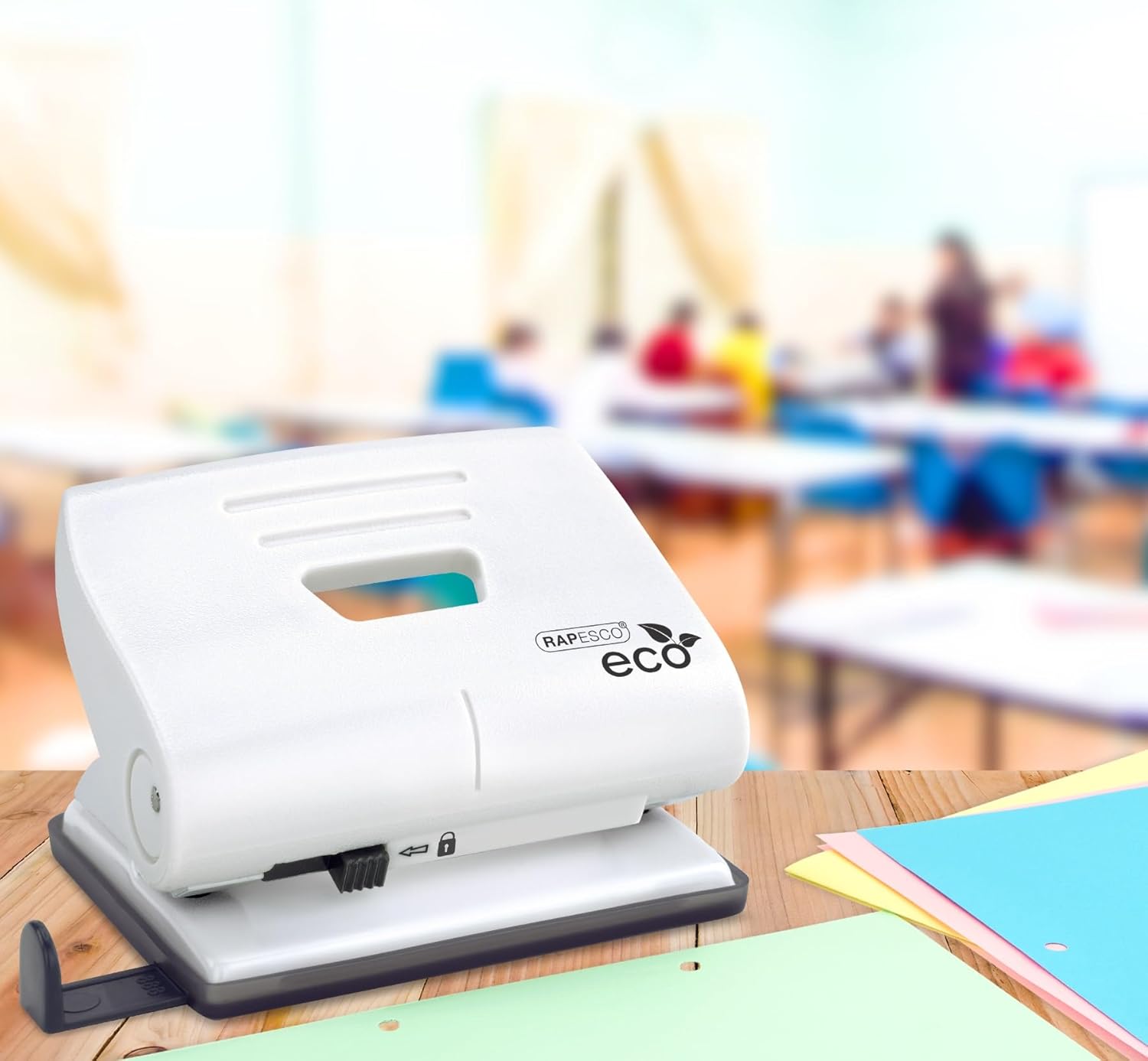 Rapesco Eco Medium 2-hole punch in soft white, metal office tool for punching 22 sheets of paper.