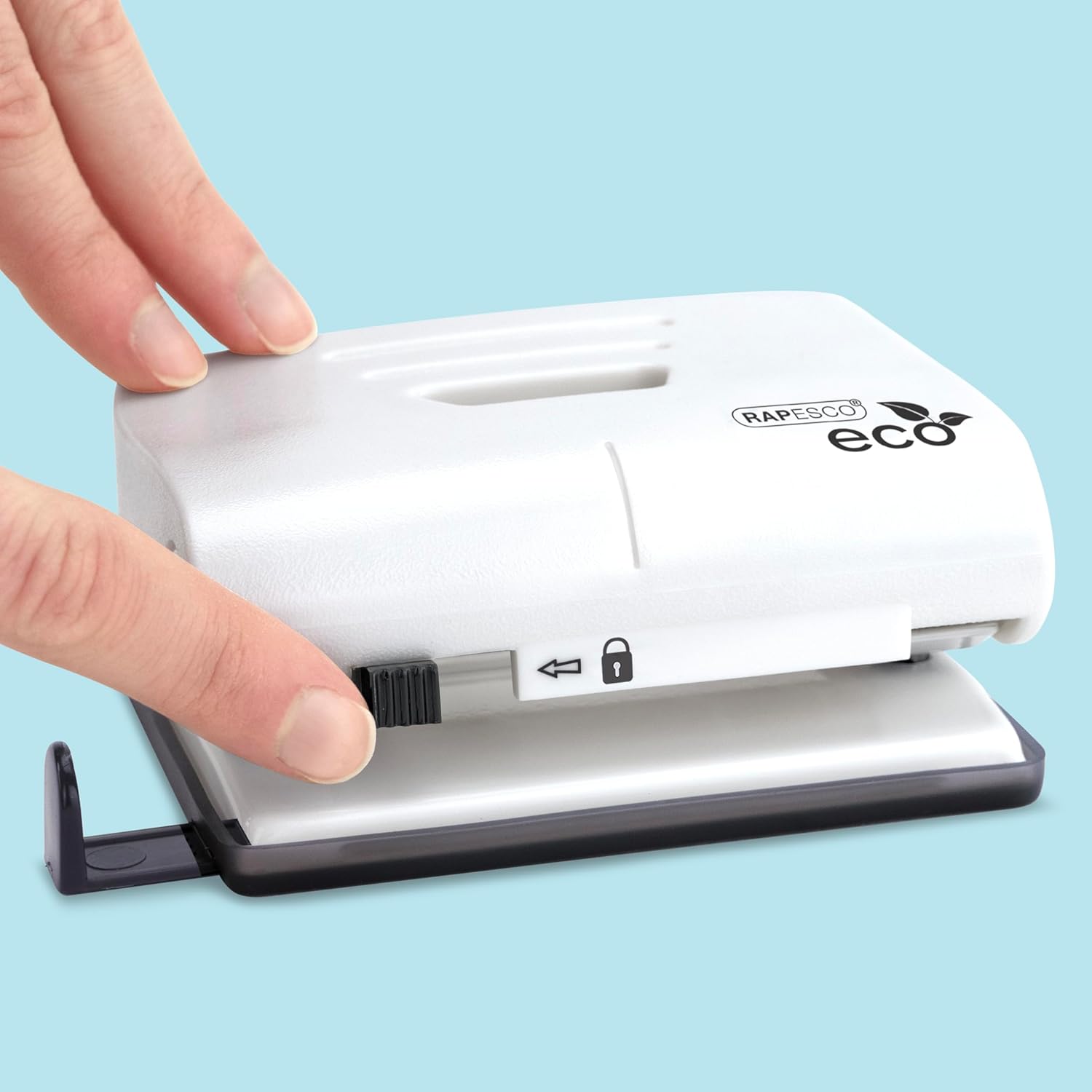 Rapesco Eco Medium 2-hole punch in soft white, holds up to 22 sheets, compact and durable office hole punch tool.