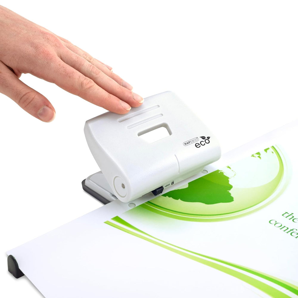 Rapesco Eco Medium 2-Hole Punch in soft white, designed for punching up to 22 sheets of paper, ideal for office use.