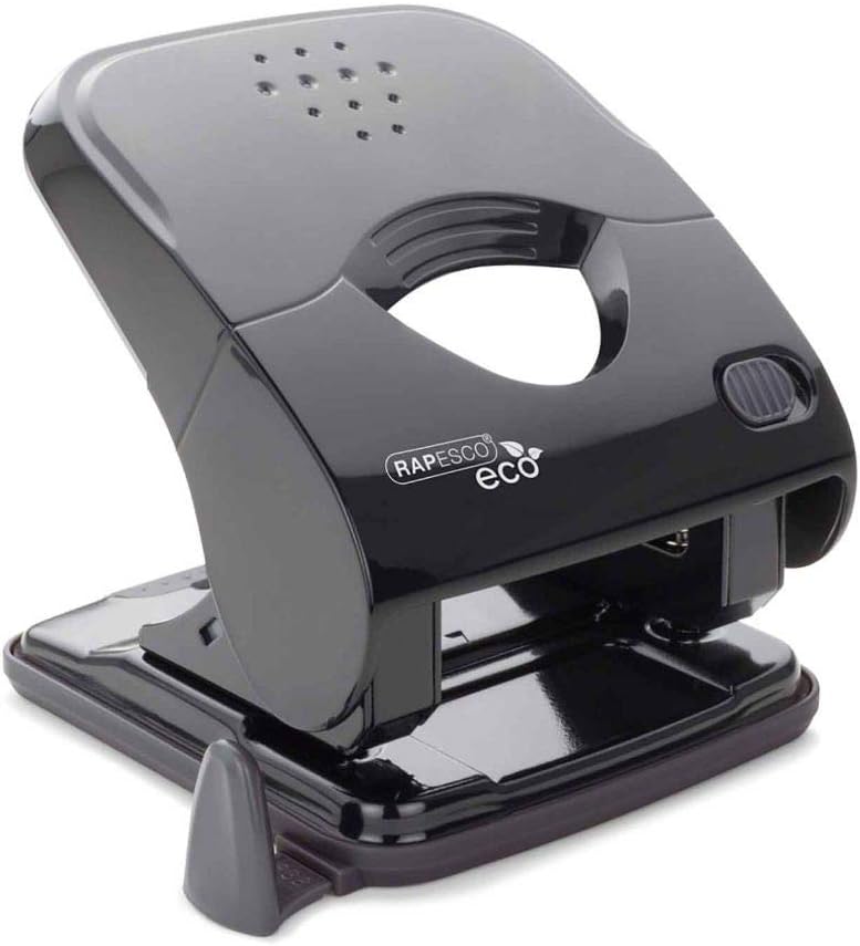 Rapesco Eco X5 black 2-hole puncher for 30 sheets, featuring ergonomic design for easy paper punching.