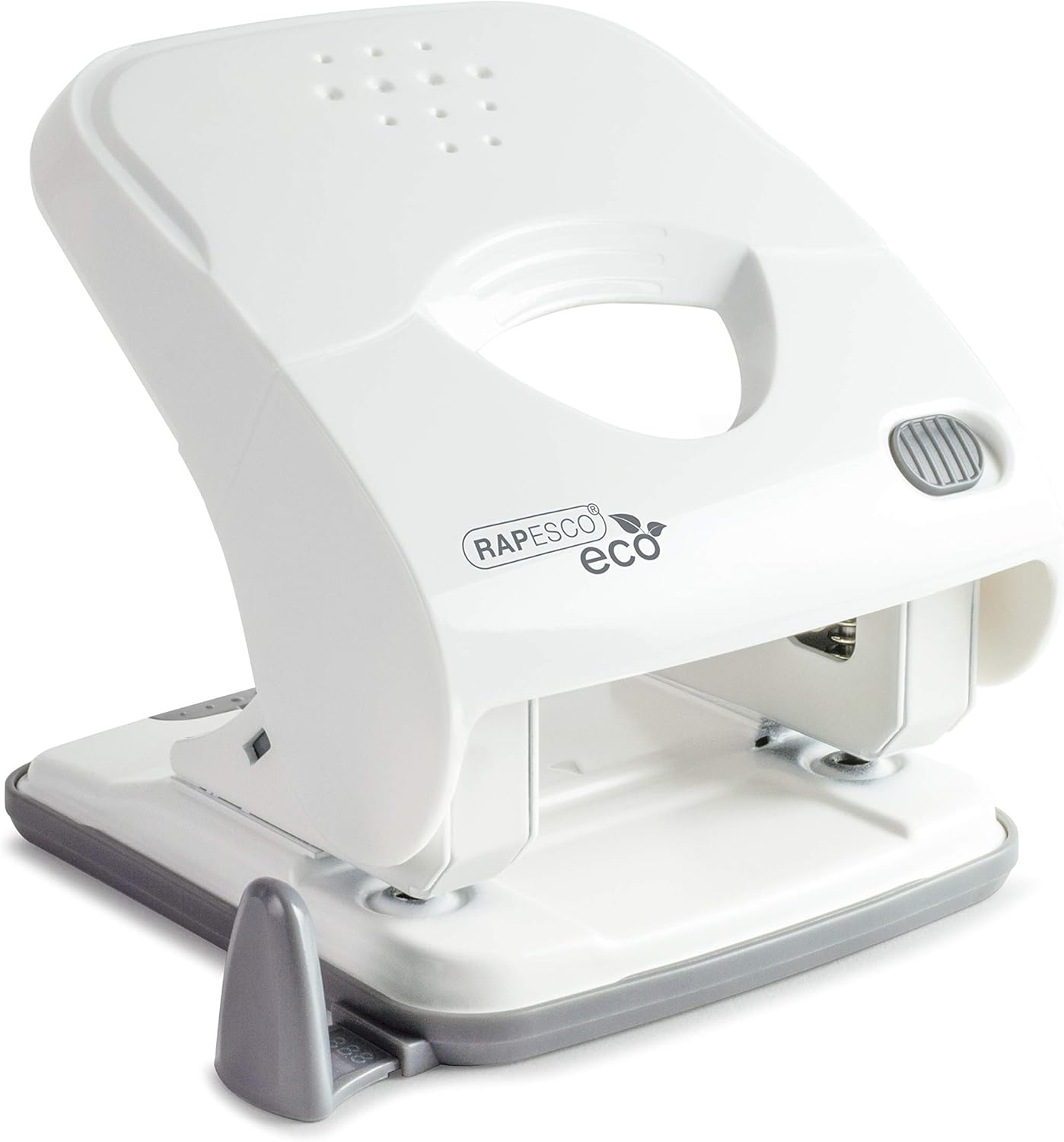 Rapesco Eco X5 2-hole punch in soft white, designed for punching 30 sheets with less effort, ideal for office use.
