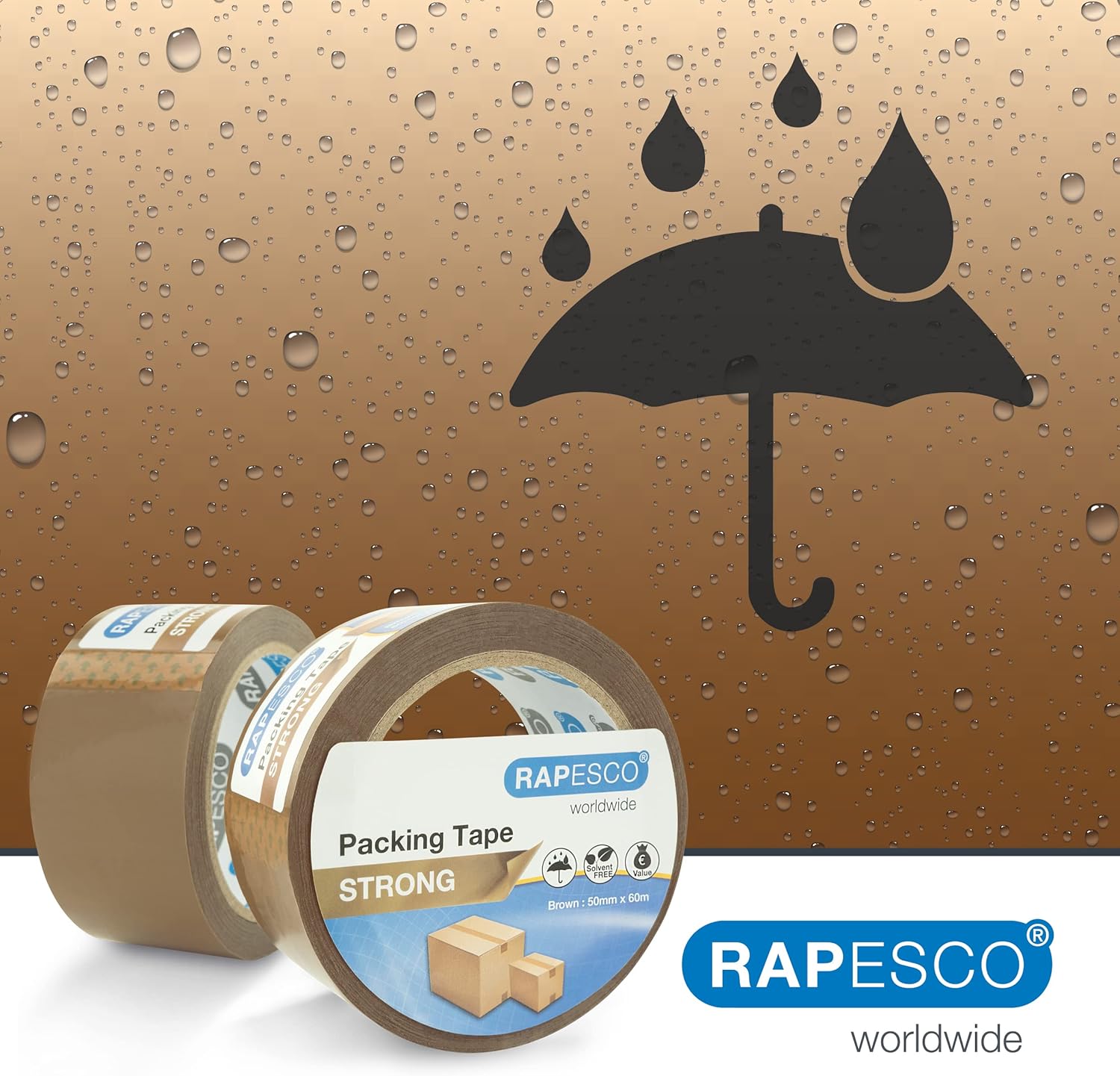 Rapesco Strong Packing Tape 50mm x 60m in brown, shown in a pack of 48 rolls, ideal for secure packaging and sealing.