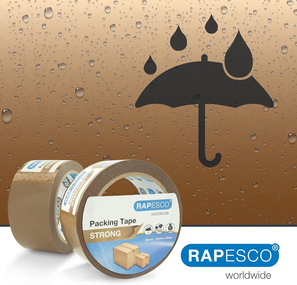 Rapesco Strong Packing Tape 50mm x 60m in brown, shown in a pack of 48 rolls, ideal for secure packaging and sealing.