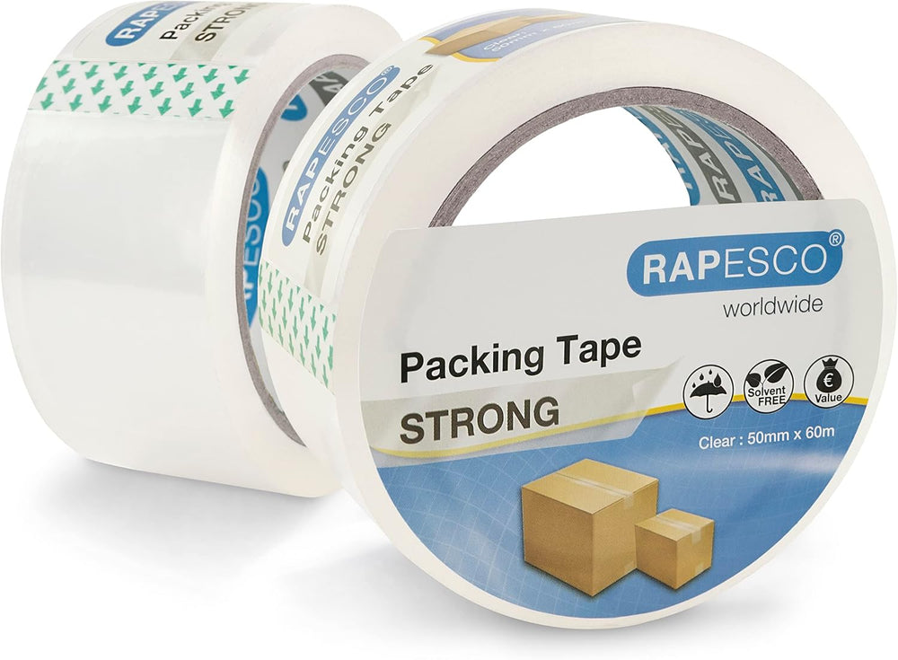 Rapesco Strong Packing Tape 50mm x 60m in clear, shown in a pack of two rolls, ideal for sealing parcels and packages.