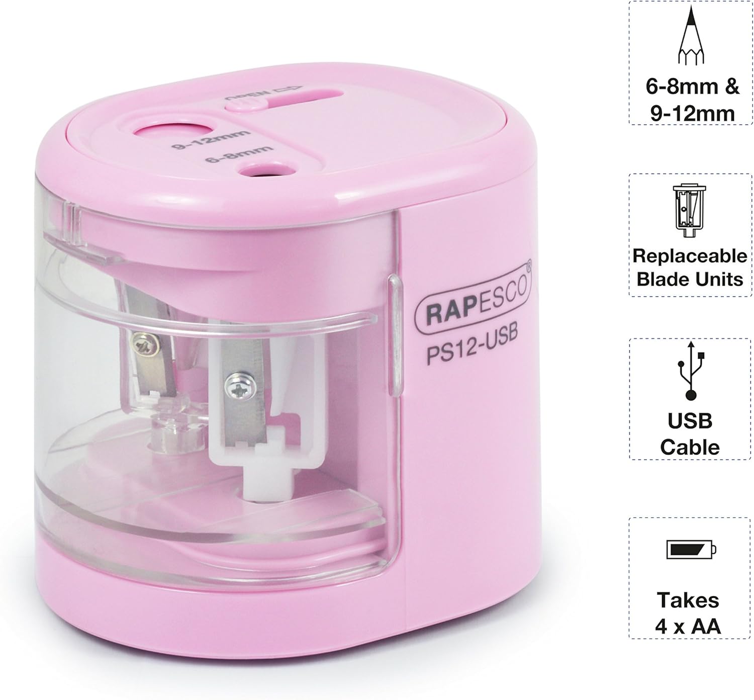 Rapesco 1446 PS12 USB electric pencil sharpener in candy pink with cord and battery compartment visible.