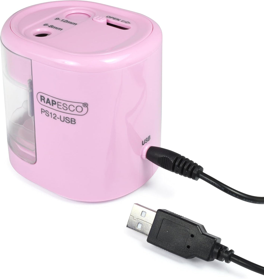 Rapesco 1446 PS12 USB electric pencil sharpener in candy pink with charging port, designed for automatic sharpening.