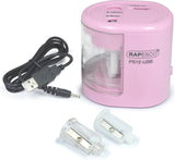 Rapesco 1446 PS12 USB electric pencil sharpener in candy pink with charging port, automatic design, battery or USB power option