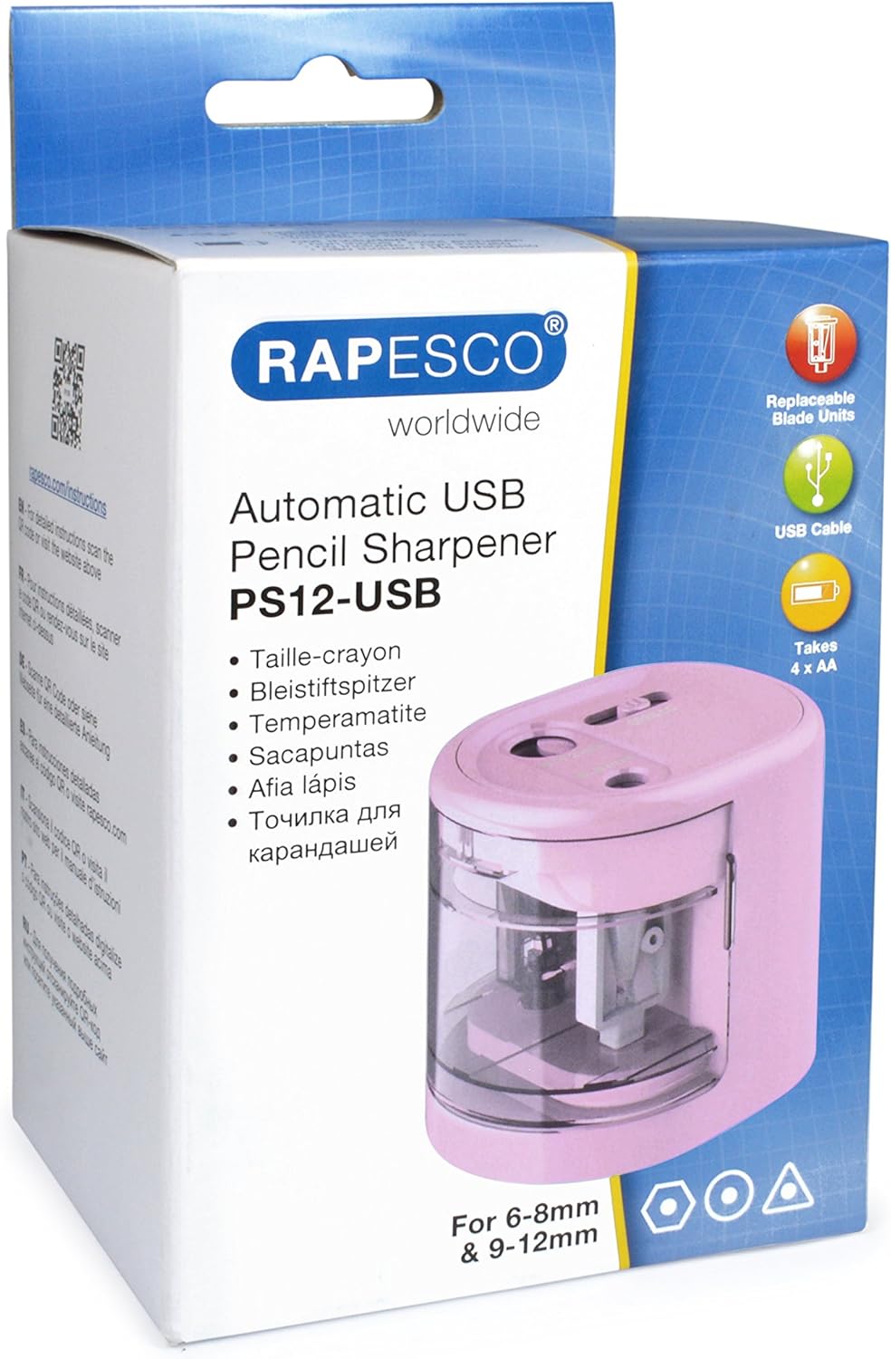 Rapesco 1446 PS12 USB electric pencil sharpener in candy pink with charging port and automatic sharpening feature.