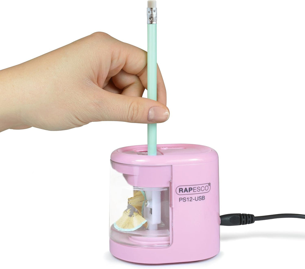 Rapesco 1446 PS12 USB electric pencil sharpener in candy pink with charging port and compact design.