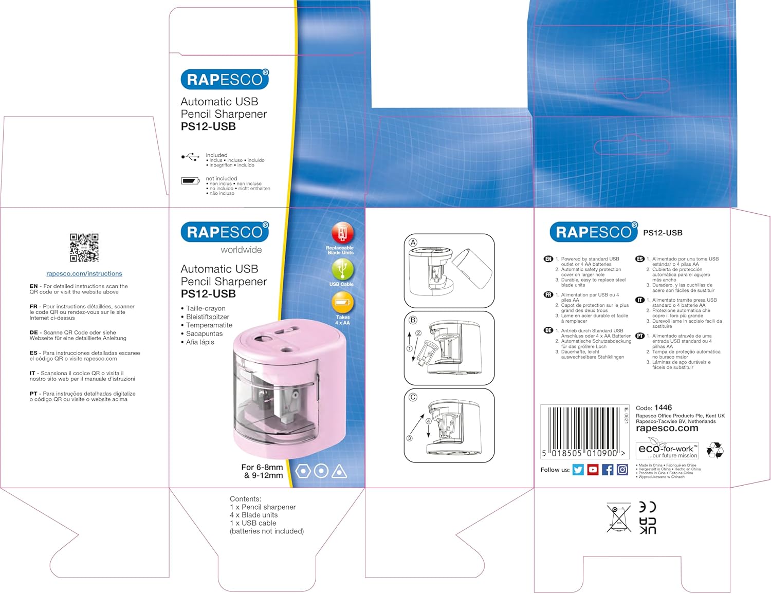 Rapesco 1446 PS12 electric pencil sharpener in candy pink with USB or battery charging, automatic and compact design.