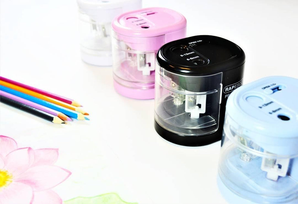 Rapesco 1446 PS12 USB electric pencil sharpener in candy pink with charging port, battery not included, compact and automatic.