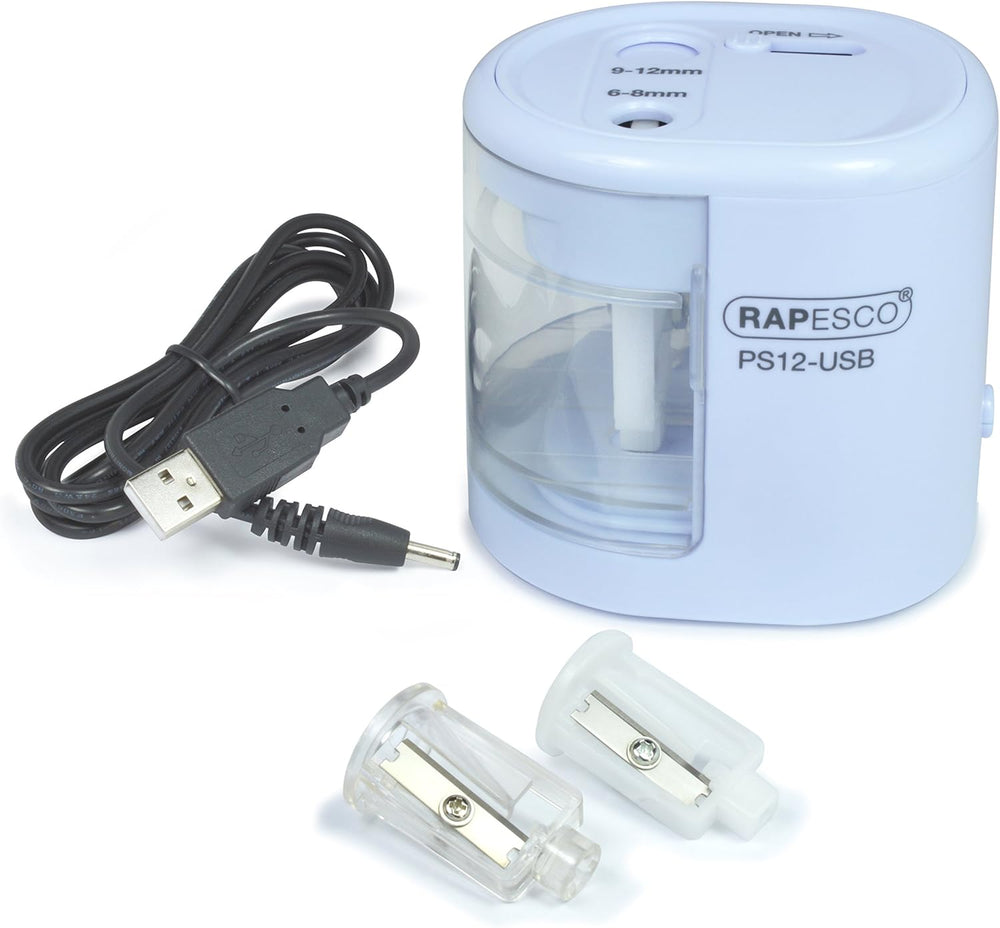 Rapesco 1447 PS12 electric USB pencil sharpener in blue with charging port, battery option not included, for precise sharpening.