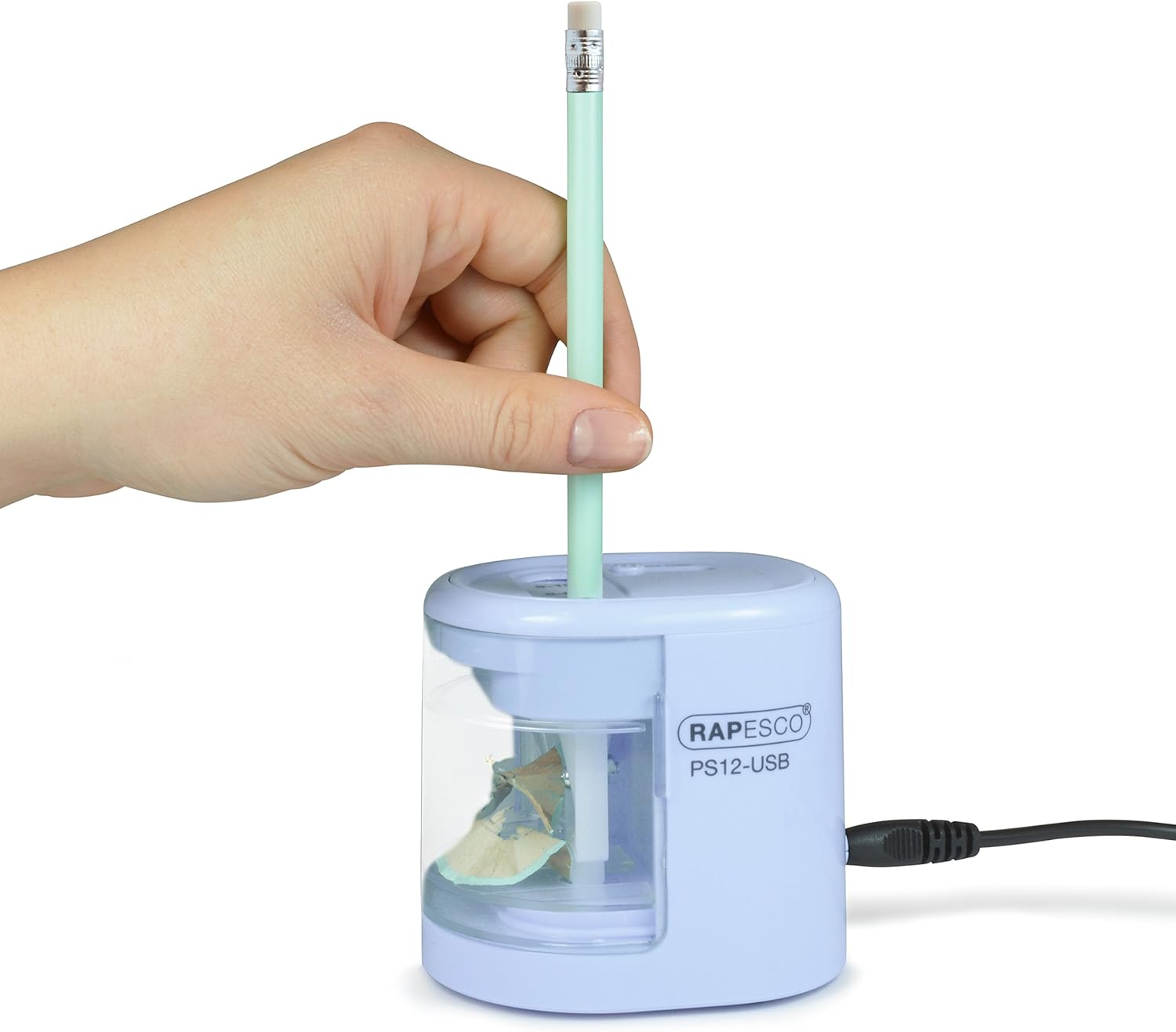 Rapesco 1447 PS12 USB electric pencil sharpener in blue with charging port, battery option, and automatic sharpening function