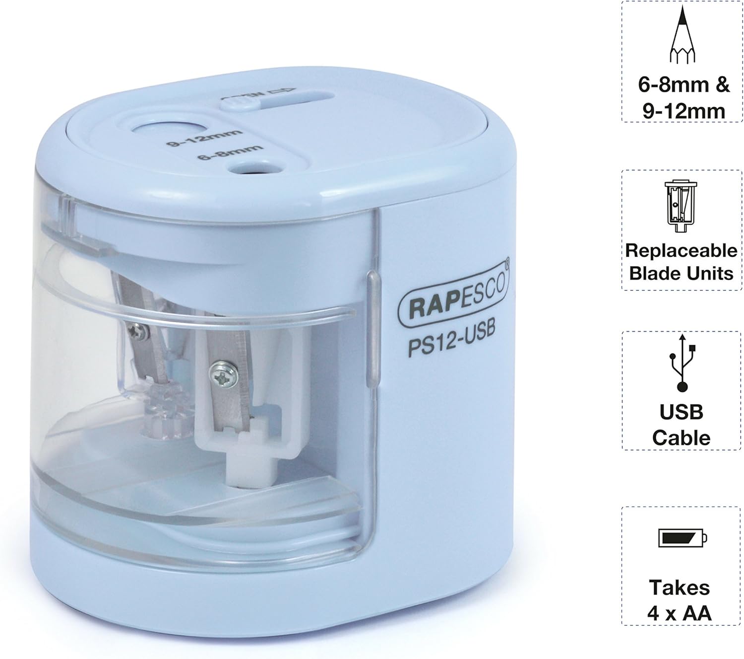 Rapesco 1447 PS12 electric USB pencil sharpener in blue with charging port, automatic electric operation, battery not included.
