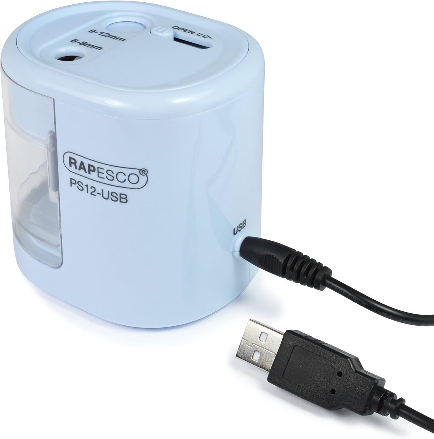 Rapesco 1447 PS12 USB electric pencil sharpener in blue with charging port, automatic operation, and battery compatibility.
