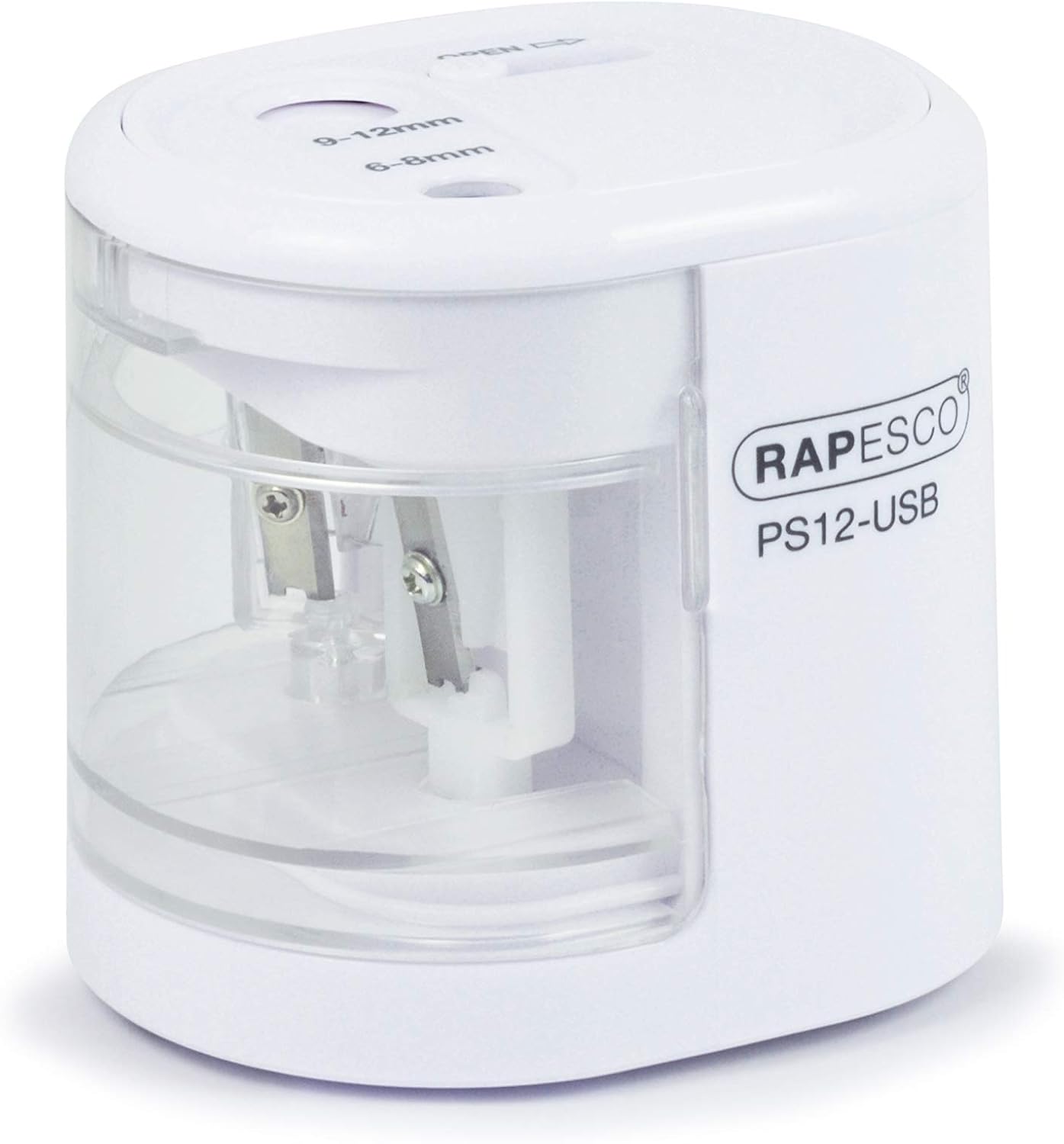 Rapesco 1448 PS12 USB electric pencil sharpener in white with charging port, automatic operation, battery or USB power option