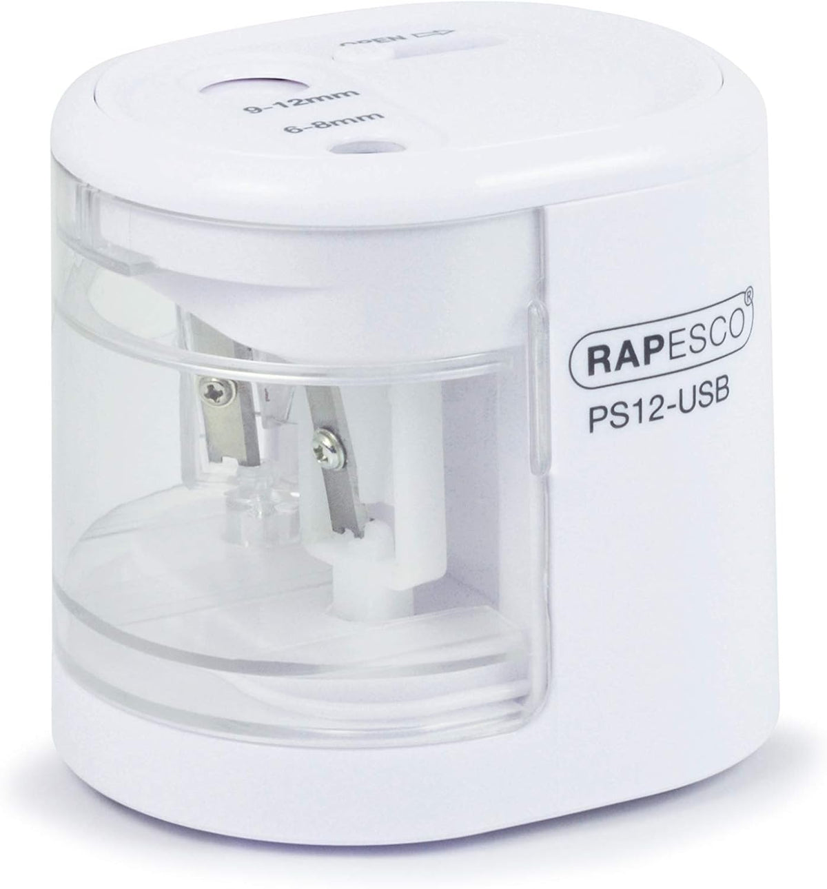 Rapesco 1448 PS12 USB electric pencil sharpener in white with charging port, automatic operation, battery or USB power option