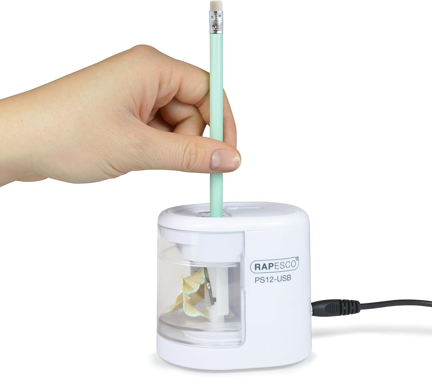 Rapesco 1448 PS12 electric pencil sharpener in white with USB charging port, battery option not included, compact design