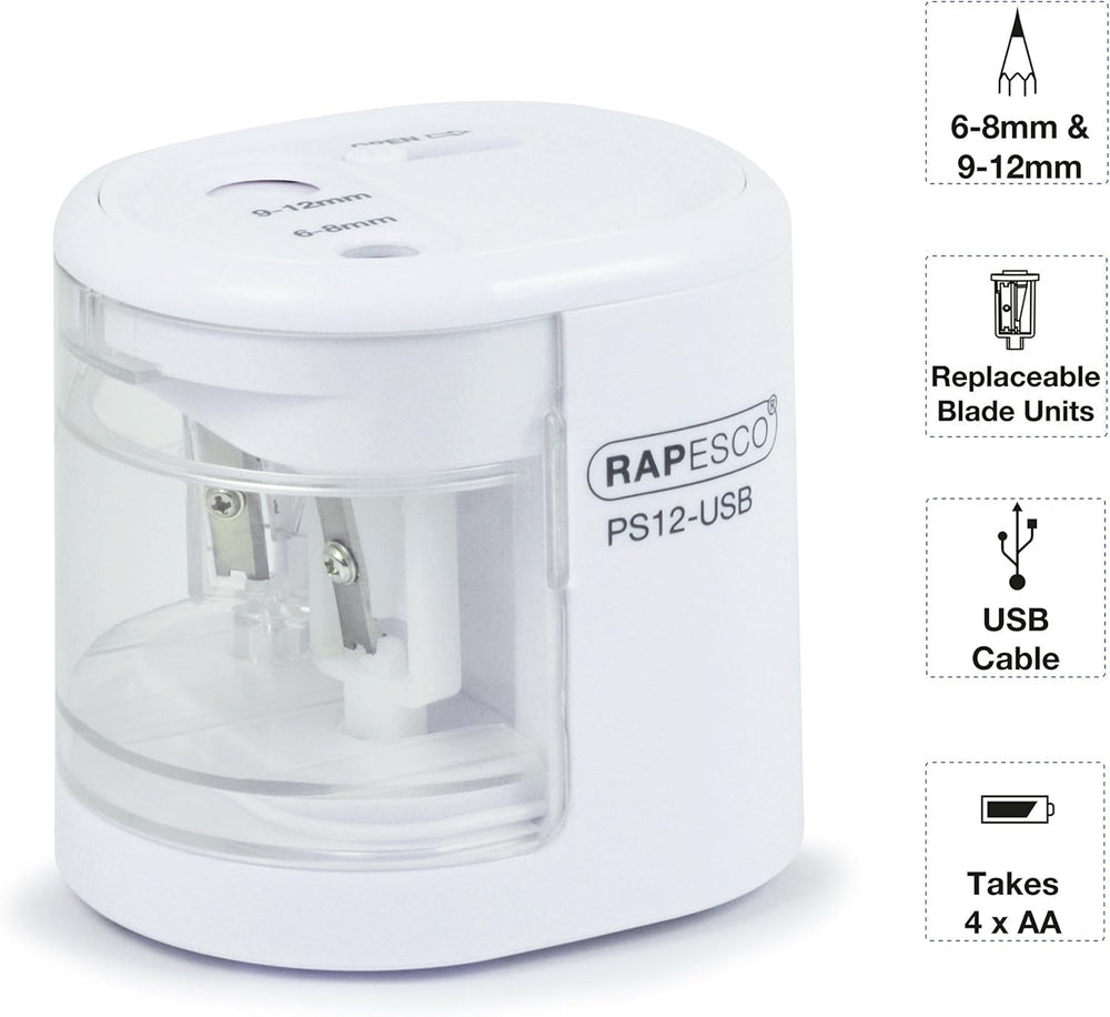 Rapesco 1448 PS12 USB electric pencil sharpener in white with charging port, suitable for standard pencils, battery or USB powered