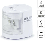 Rapesco 1448 PS12 USB electric pencil sharpener in white with charging port, suitable for standard pencils, battery or USB powered