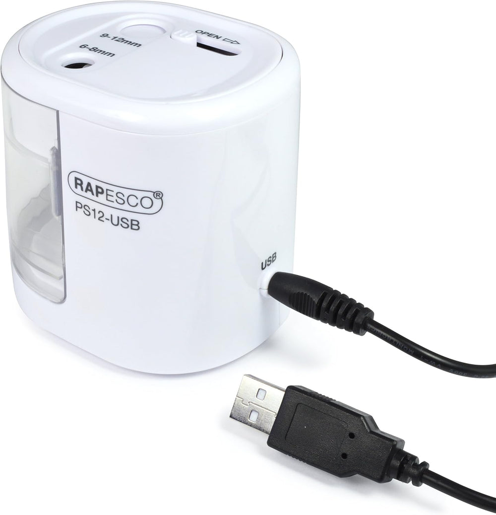 Rapesco 1448 PS12 USB electric pencil sharpener in white with charging port, automatic operation, suitable for classroom or office use.