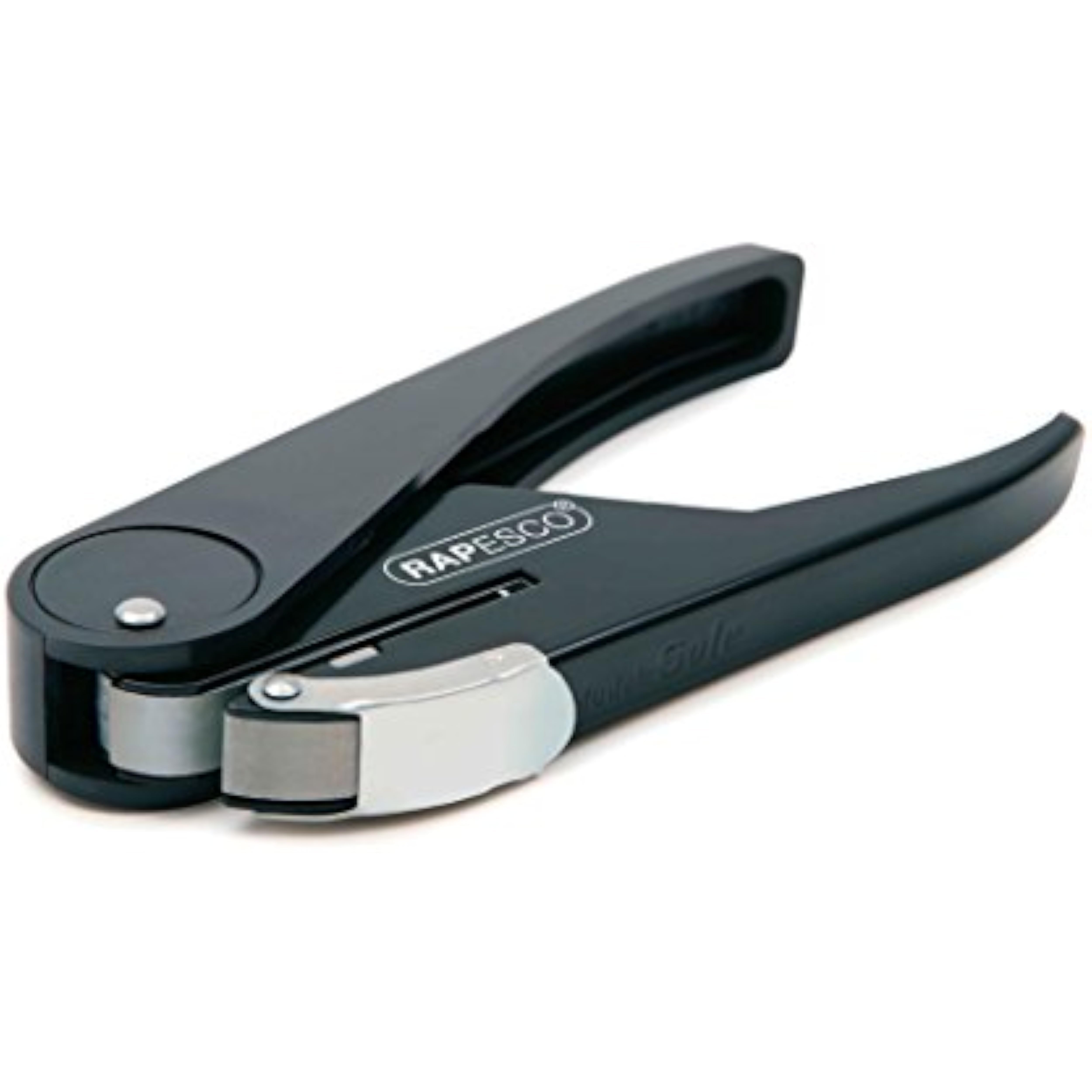 Rapesco Sole single hole punch in black, stainless steel, with capacity to punch 23 sheets of paper.