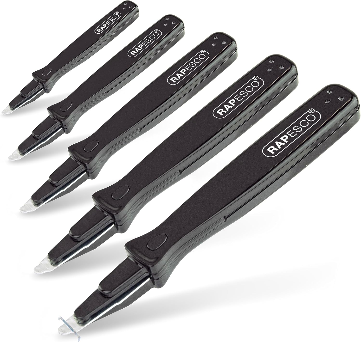 Set of five Rapesco 101 black staple removers with ergonomic handles for easy staple removal.