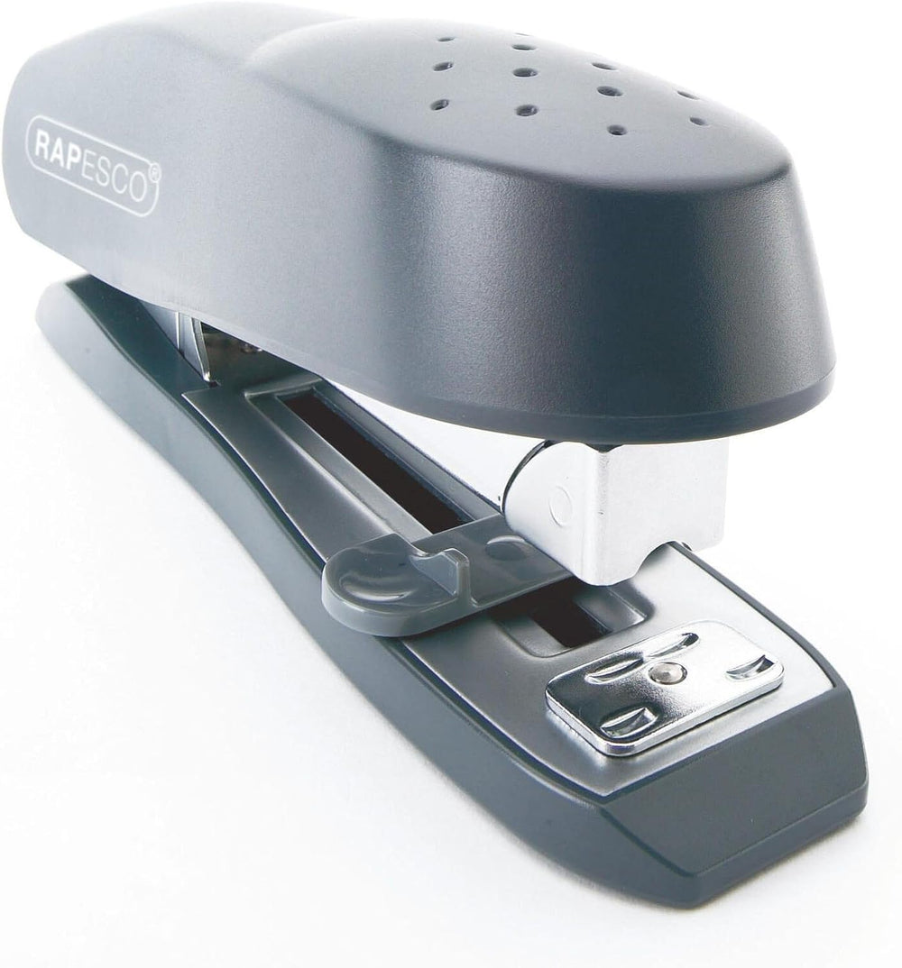 Rapesco Eco Spinna 717 front-loading stapler in black, holds up to 50 sheets of paper, designed for efficient stapling.