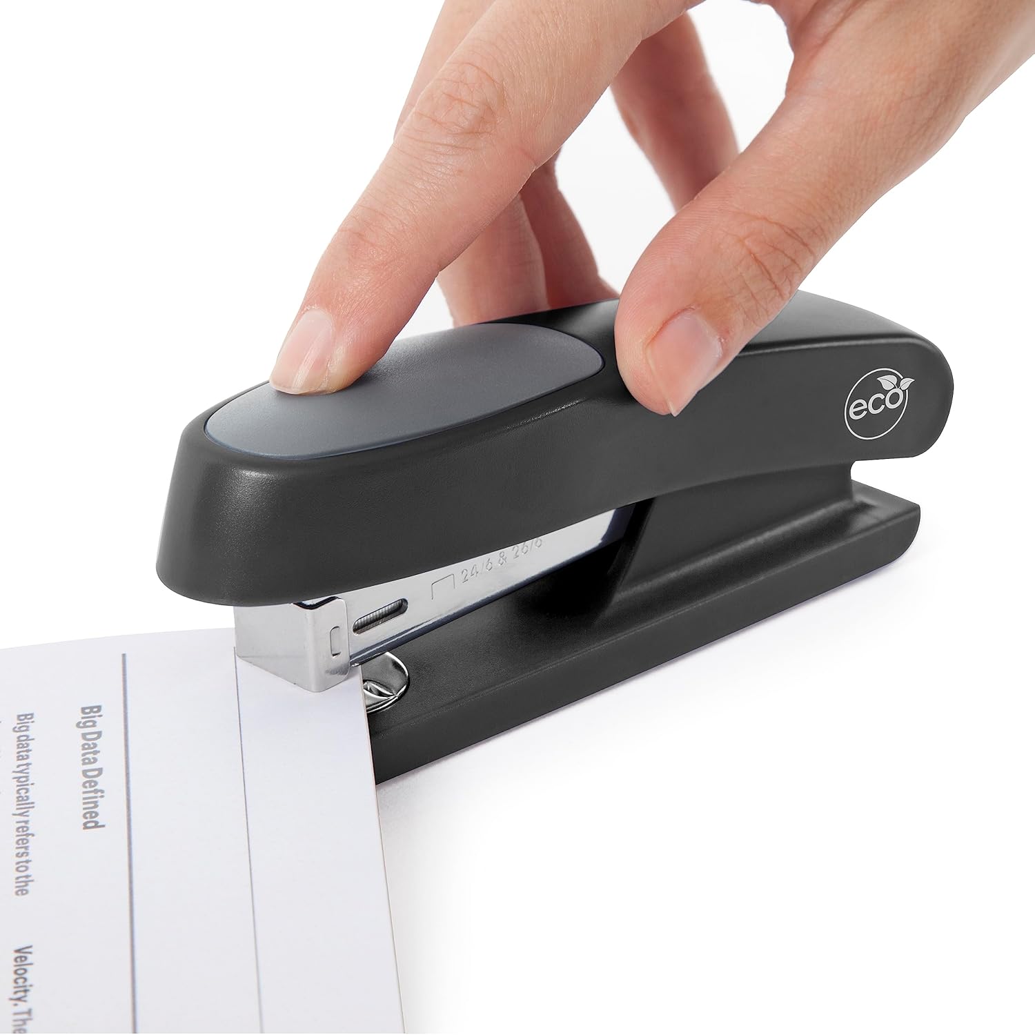 Six black Rapesco Eco Sting Ray Half Strip Staplers with 1000 staples, antibacterial design, ideal for office or home use.