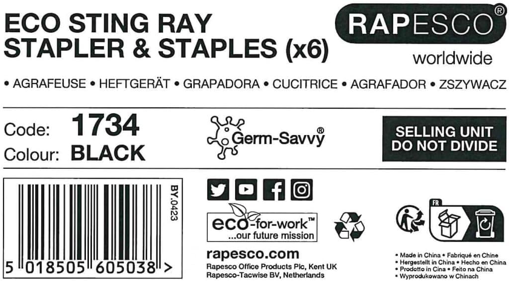Six black Rapesco Eco Sting Ray Half Strip Staplers with 1000 antibacterial staples, compact office staplers for everyday use