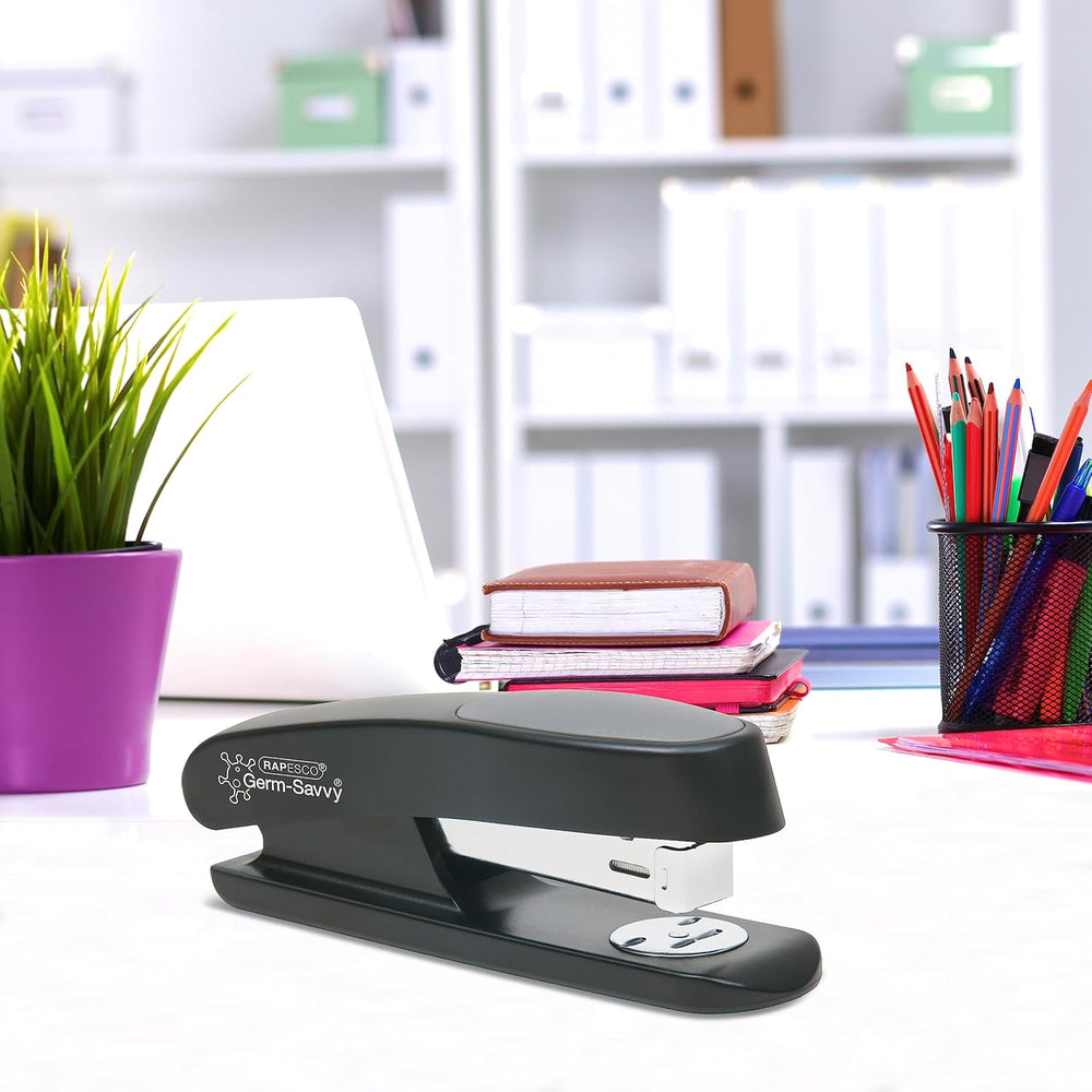 Six black Rapesco Eco Sting Ray Half-Strip Staplers with 1000 staples each, antibacterial design, for office or home use.