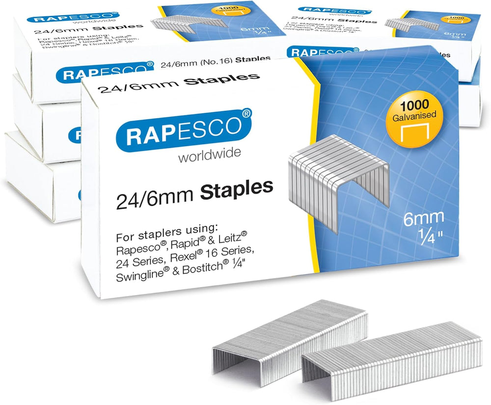 Six Rapesco Eco Sting Ray Half-Strip Staplers with 1000 staples, black antibacterial finish, compact design for office or home use.