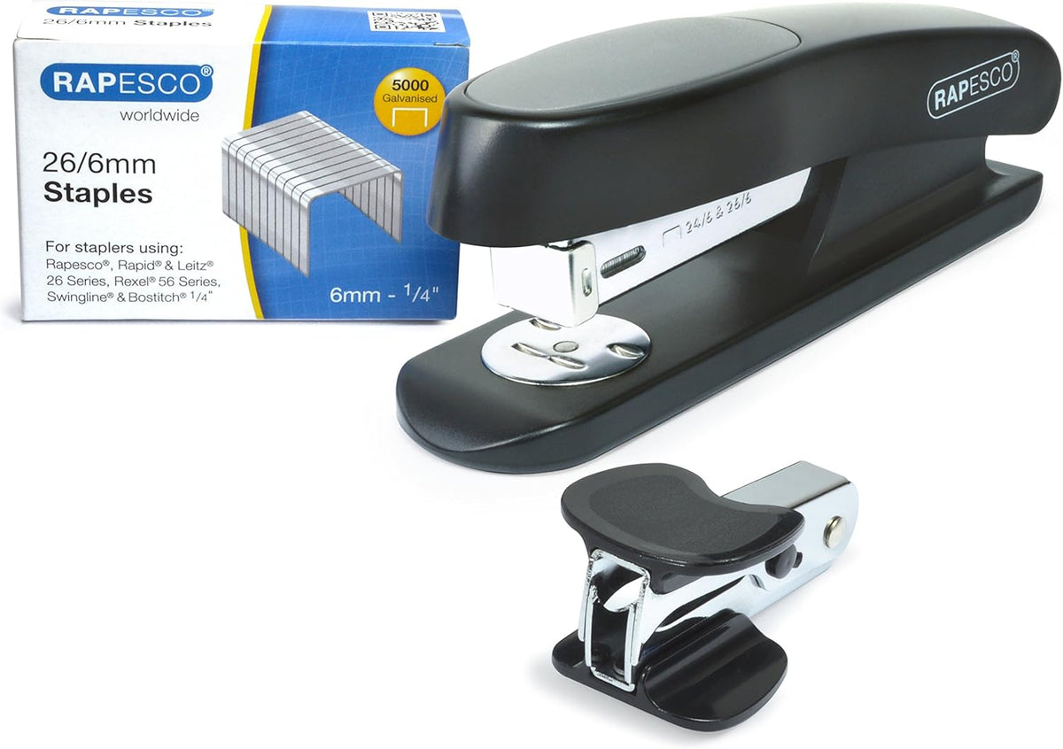 Rapesco Eco Sting Ray Half-Strip Stapler with R4 staple remover and 26/6 staples, antibacterial bundle, black and silver design.