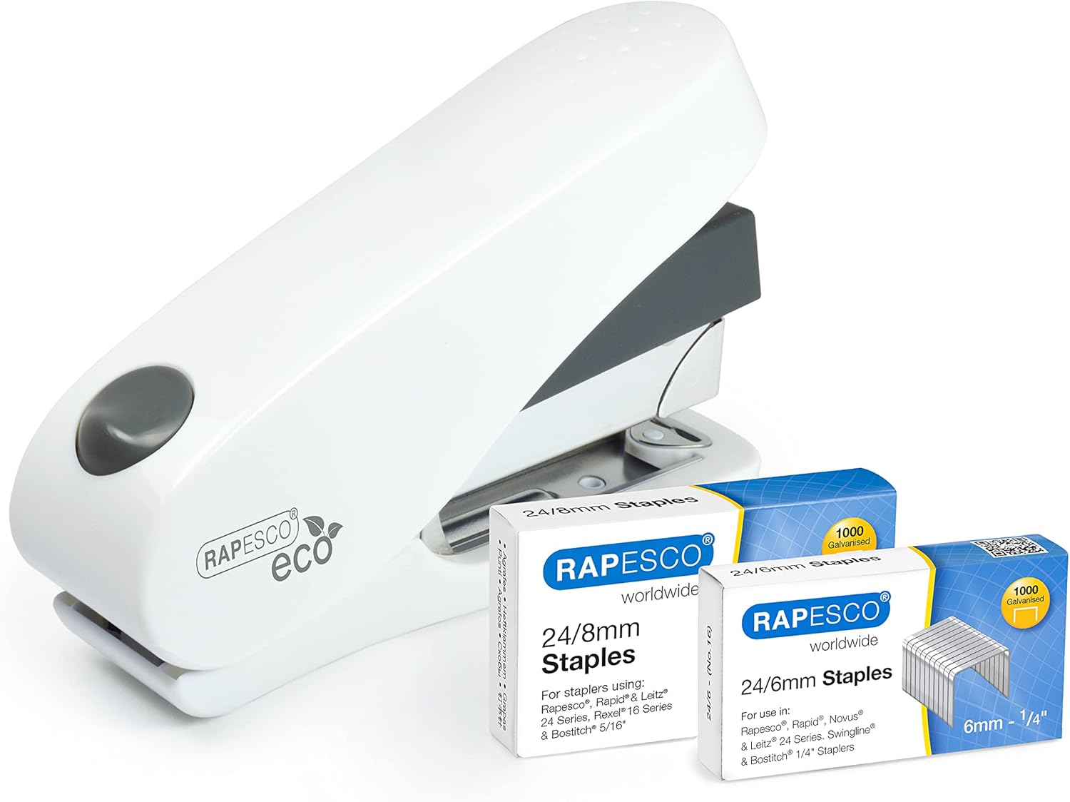 Rapesco Luna Eco front-loading stapler in soft white with antibacterial finish and 2000 staples included for easy binding.