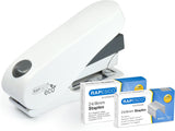 Rapesco Luna Eco front-loading stapler in soft white with antibacterial finish and 2000 staples included for easy binding.
