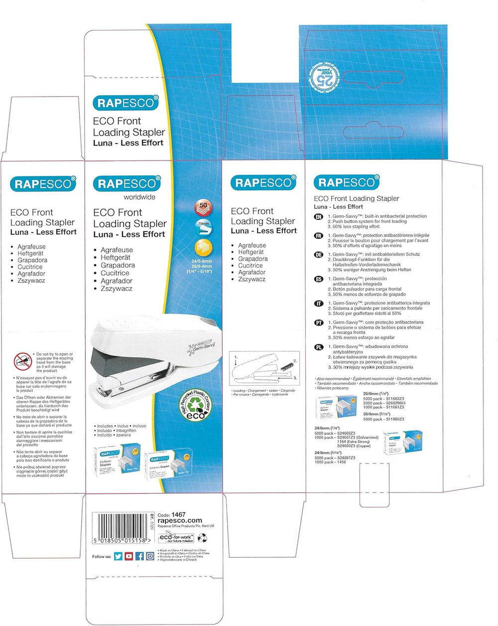 Rapesco Luna Eco front-loading stapler in soft white with antibacterial finish, shown with 2000 staples for convenient binding.
