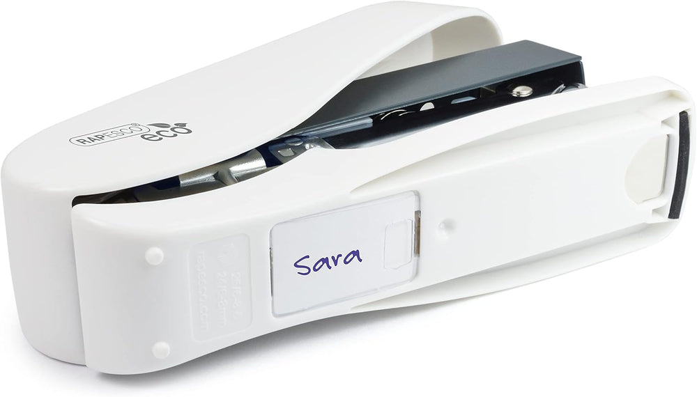 Rapesco Luna Eco front-loading stapler in soft white with antibacterial finish, includes 2000 staples for easy binding.