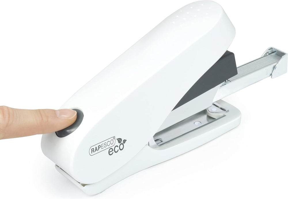 Rapesco Luna Eco front-loading stapler in soft white with antibacterial finish, shown with 2000 staples for easy document binding.
