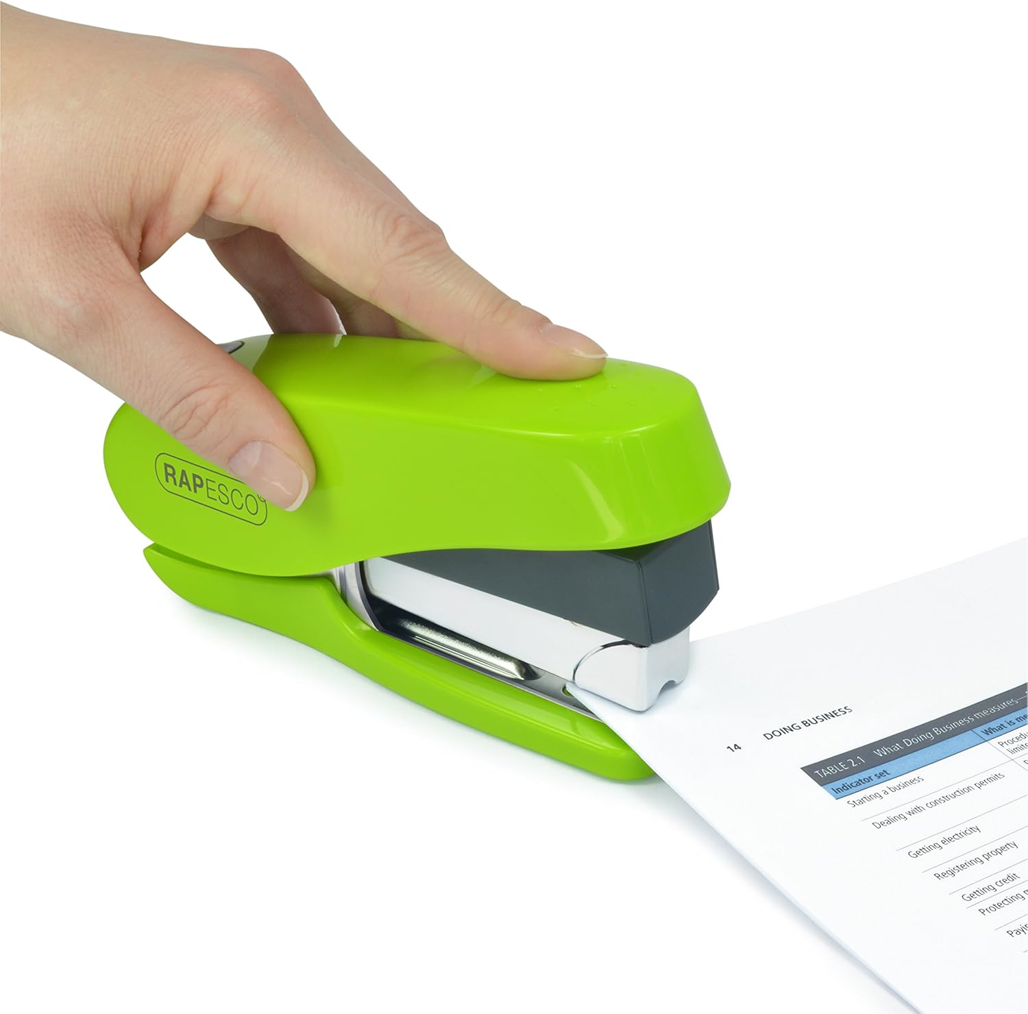 Green Rapesco Luna Less Effort Half-Strip Front-Loading Stapler with 2000 staples for easy, efficient stapling.
