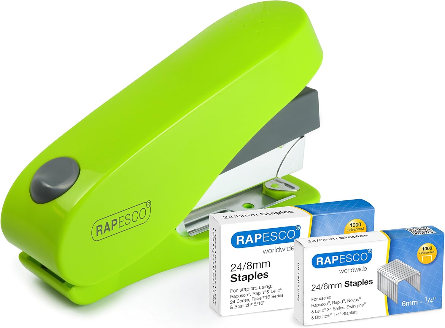 Rapesco Luna Less Effort Half-Strip Front-Loading Stapler with 2000 staples in green, designed for easy stapling tasks.