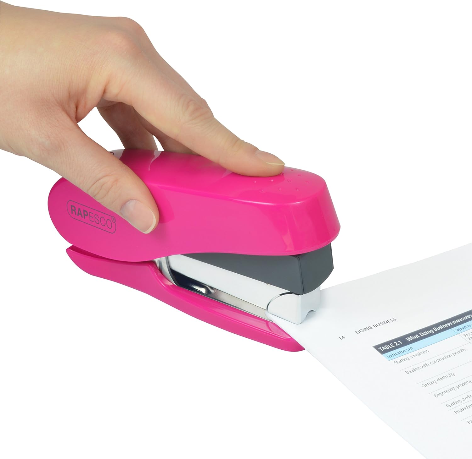 Rapesco Luna Less Effort Half-Strip Front-Loading Stapler in hot pink with 2000 staples, designed for easy paper binding.