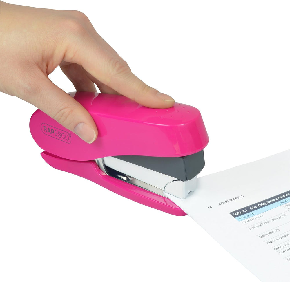 Rapesco Luna Less Effort Half-Strip Front-Loading Stapler in hot pink with 2000 staples, designed for easy paper binding.
