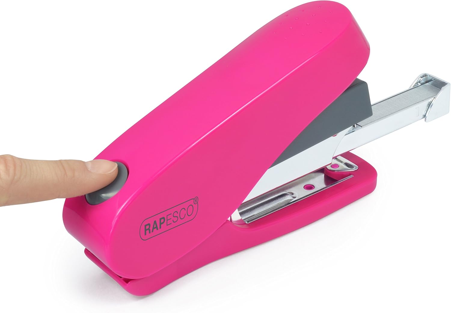 Rapesco Luna Less Effort Half-Strip Front-Loading Stapler in hot pink with 2000 staples, designed for easy stapling.