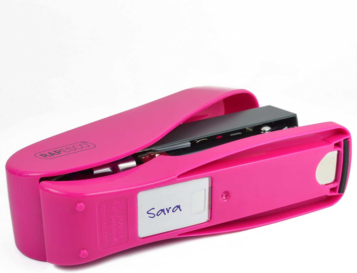 Rapesco Luna Less Effort Half-Strip Front-Loading Stapler in hot pink with 2000 staples for easy document binding.