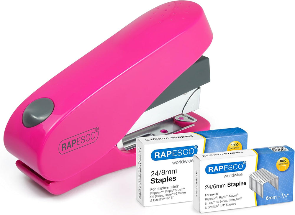Rapesco Luna Less Effort Half-Strip Front-Loading Stapler in hot pink with 2000 staples for easy paper binding.