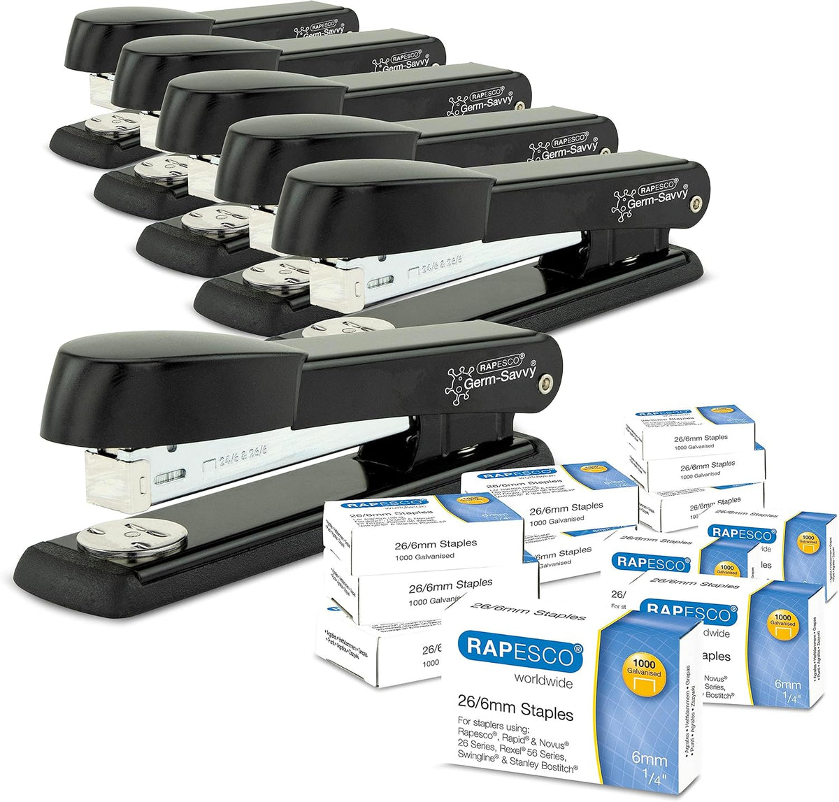 Six Rapesco Marlin Full Strip Staplers with 2000 staples, black antibacterial design, shown in a pack for office or home use.