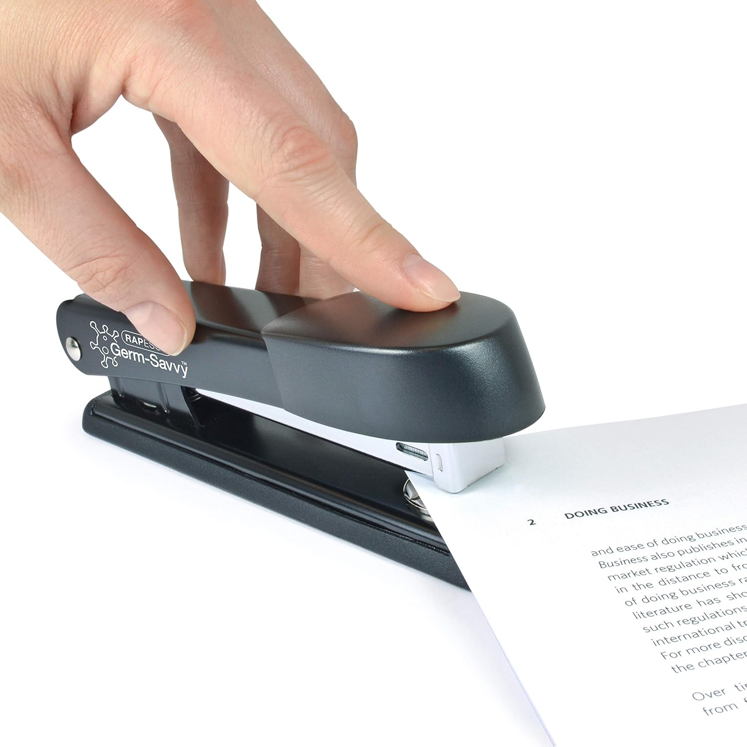 Six black Rapesco Marlin Full Strip Staplers with 2000 staples, antibacterial design, shown in a pack for office or home use.